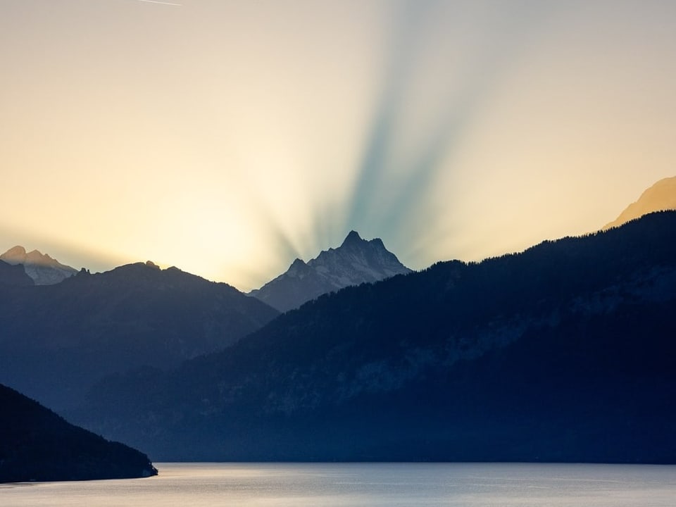 Spiez/BE Blick auf einen See mit schattigen Bergen im Hintergrund.