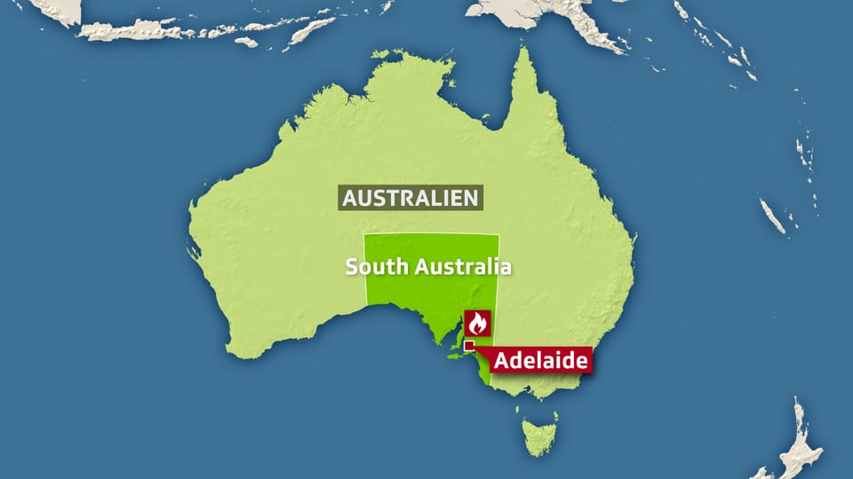 Karte von Australien, darauf markiert die Stadt Adelaide