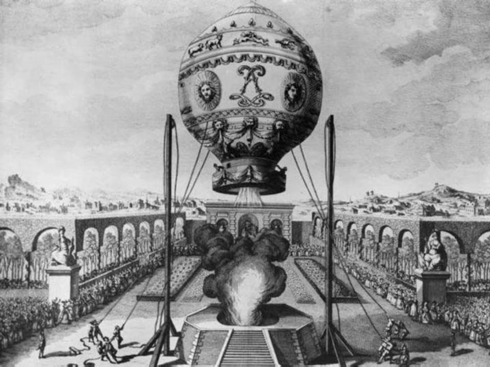 Schwarz-Weiss-Bild des Ballons der Gebrüder Montgolfier