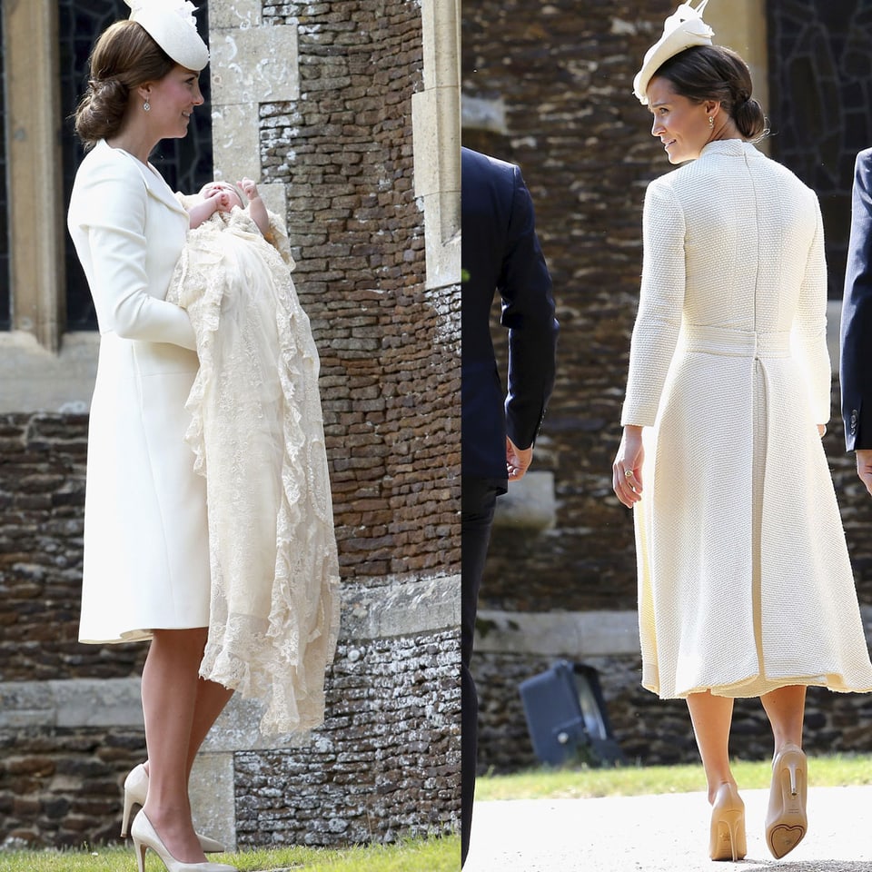 Herzogin Kate und ihre Schwester Pipa Middleton in weiss, mit weissen Highheels und weissem Hut. 
