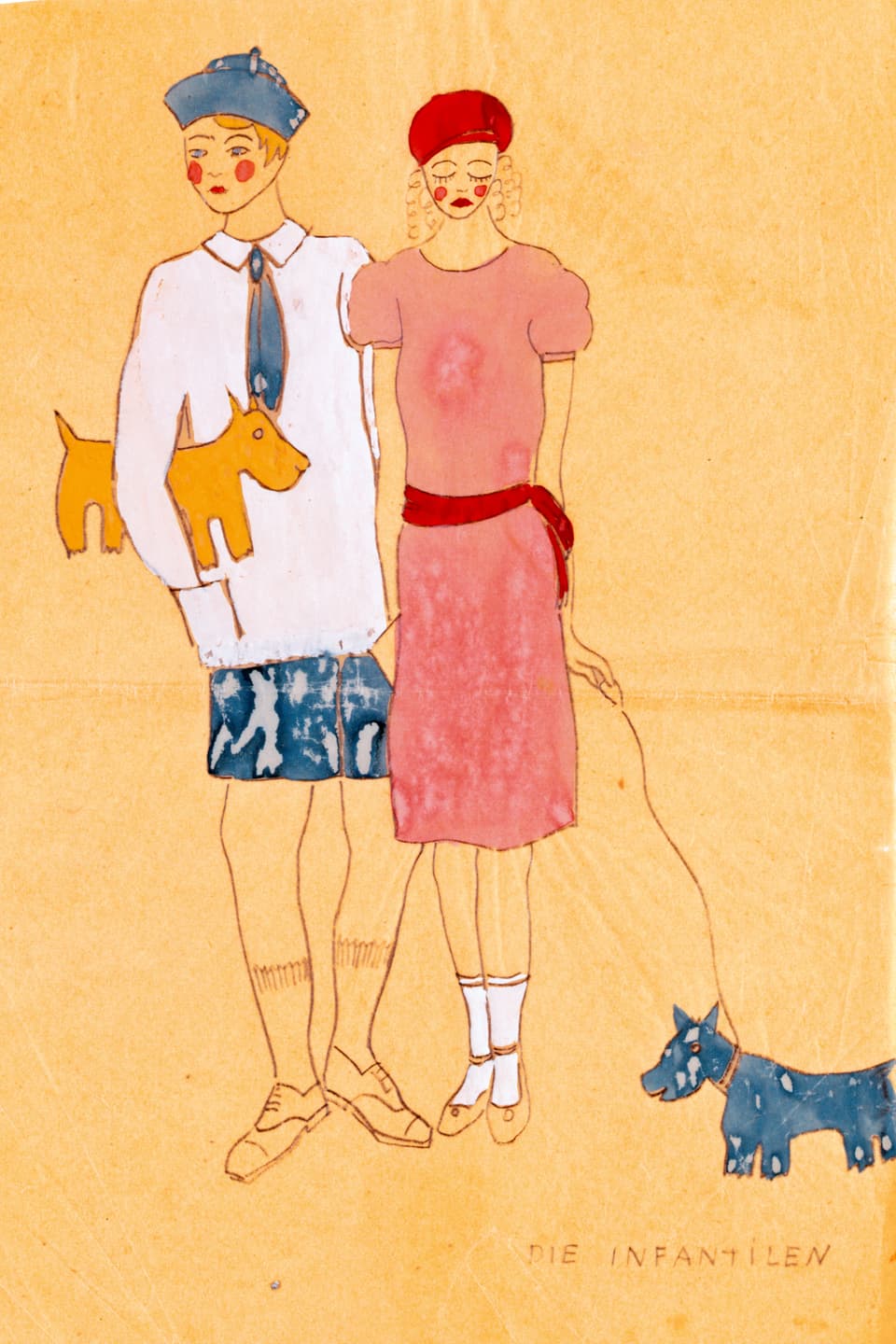 Zeichnung, zeigt Mann und Frau in Trend-Kleidung mit Hund.