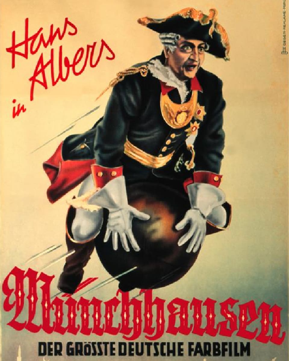Das Plakat zum Film zeigt Münchhausen, wie er auf einer Kanonenkugel sitzend durch die Luft fliegt.