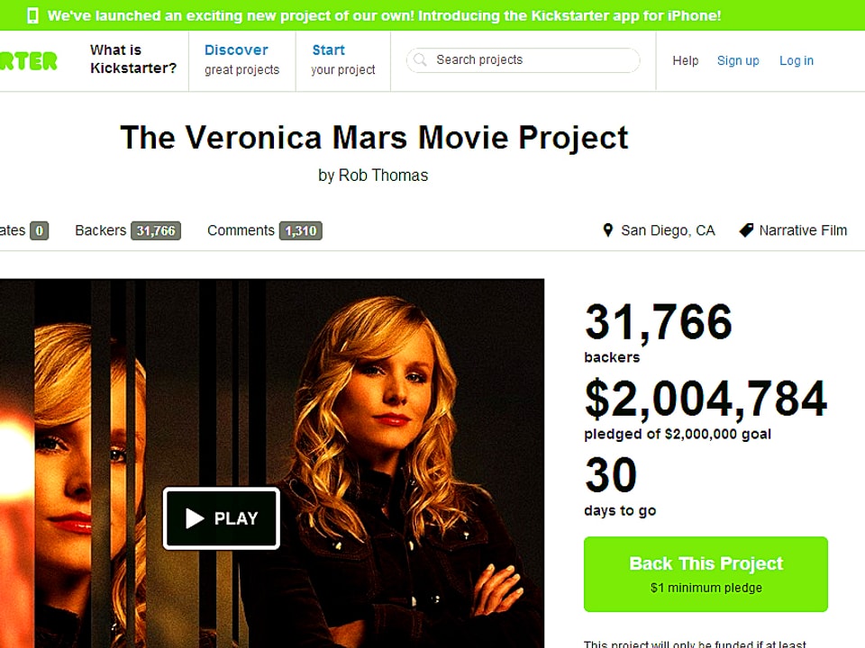 Kickstarter Seite mit Projekt von Veronica Mars