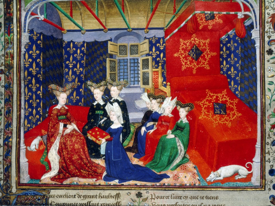 Mittelalterliche Illustration einer Adeligen Gesellschaft in einem prachtvollen Raum mit reicher Dekoration.