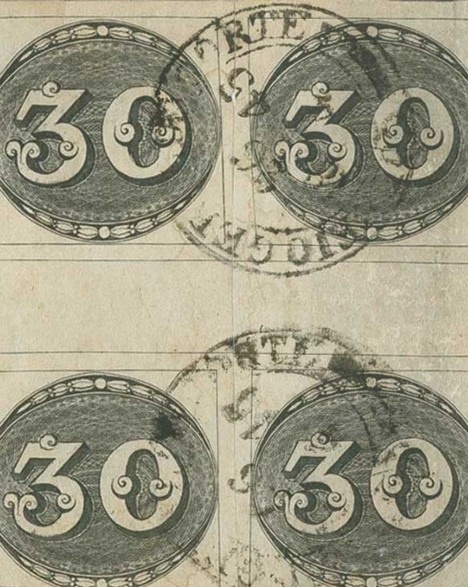 Vierer-Block von Ochsenaugen-Briefmarken.