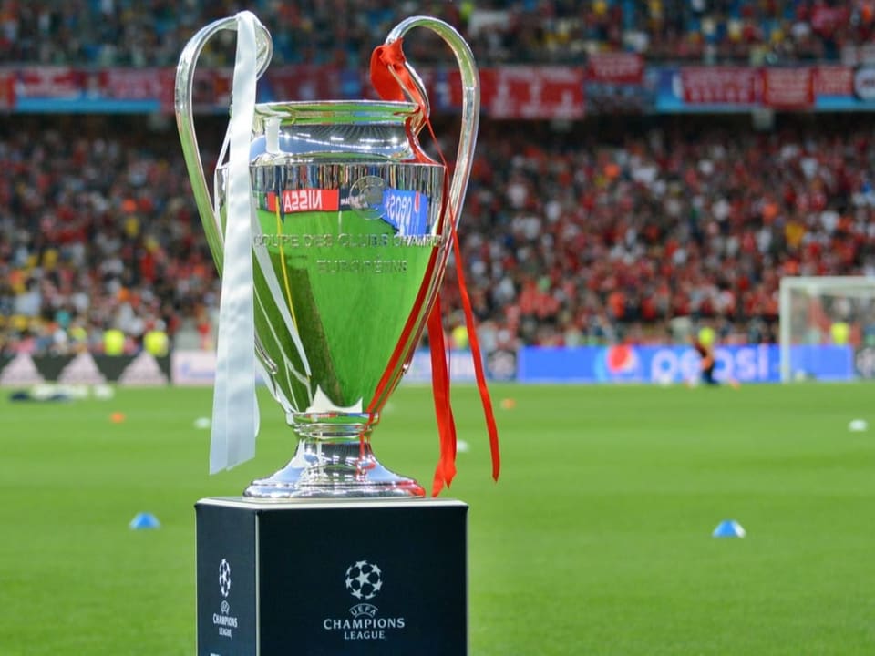 Der Champions-League-Pokal steht auf dem Rasen.