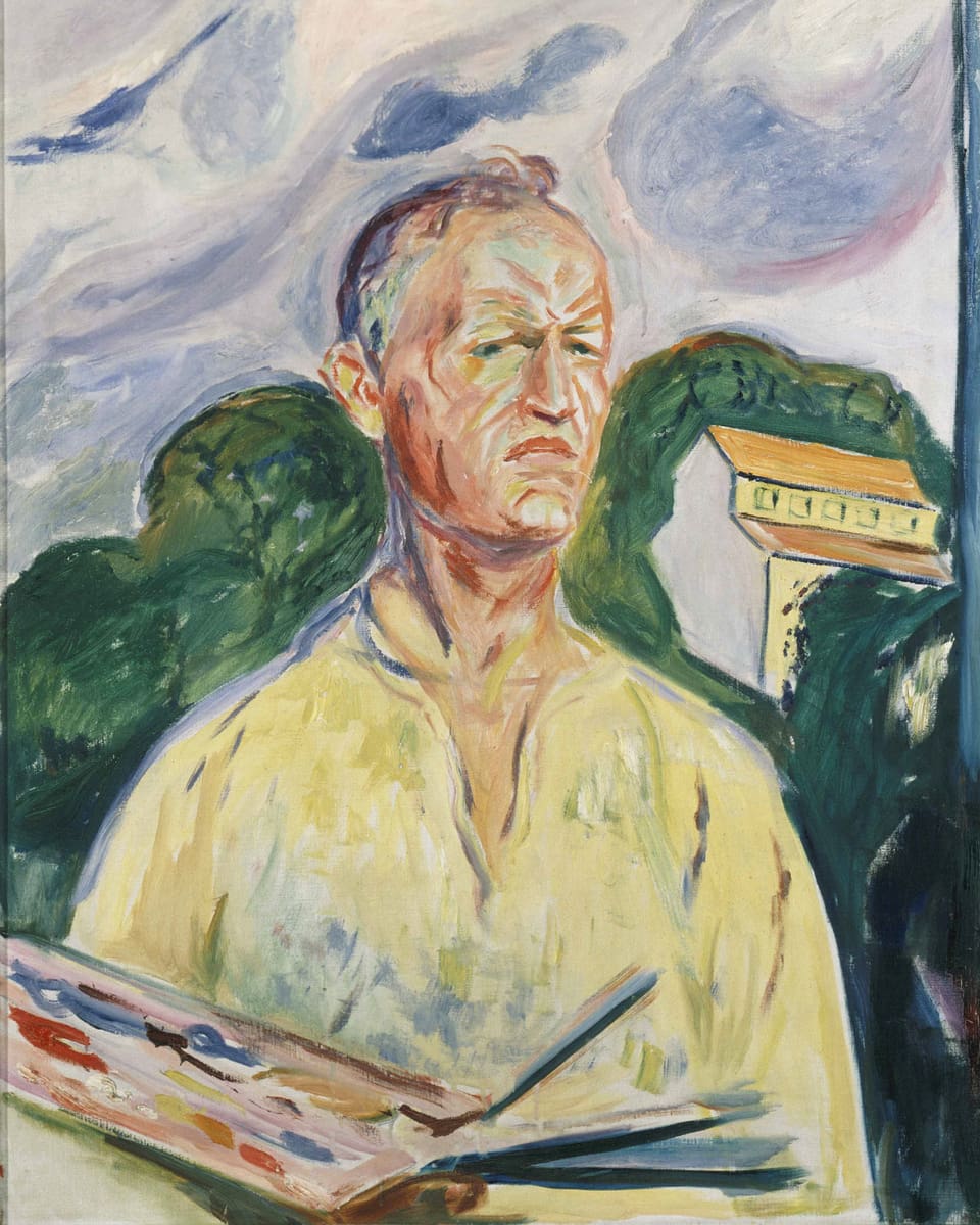Bild: Ein Mann mit Farbpalette und Pinseln in der Hand. Im Hintergrund ein Hügel und ein Haus. 