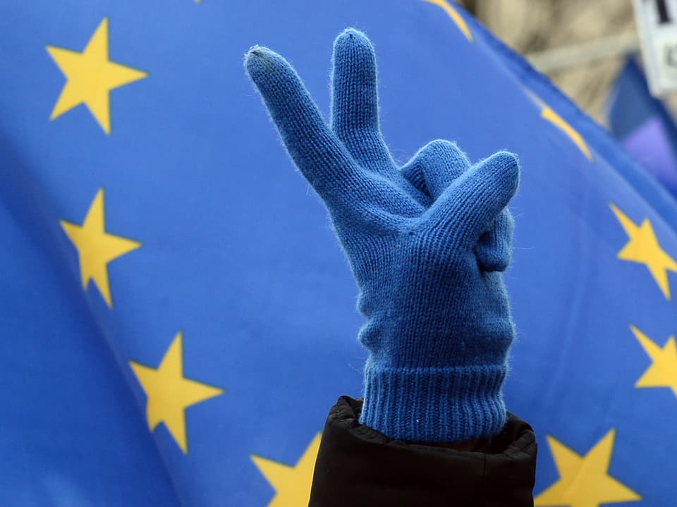 Eine Person mit blauen Handschuhen hält die Hand vor einer EU-Flagge zum Victory-Zeichen.