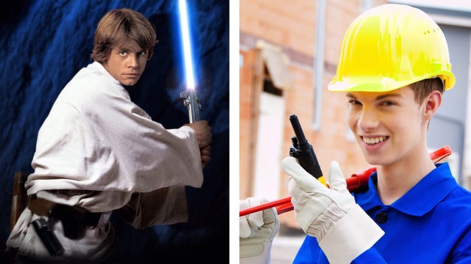 Collage: Luke Skywalker und Lehrling auf dem Bau