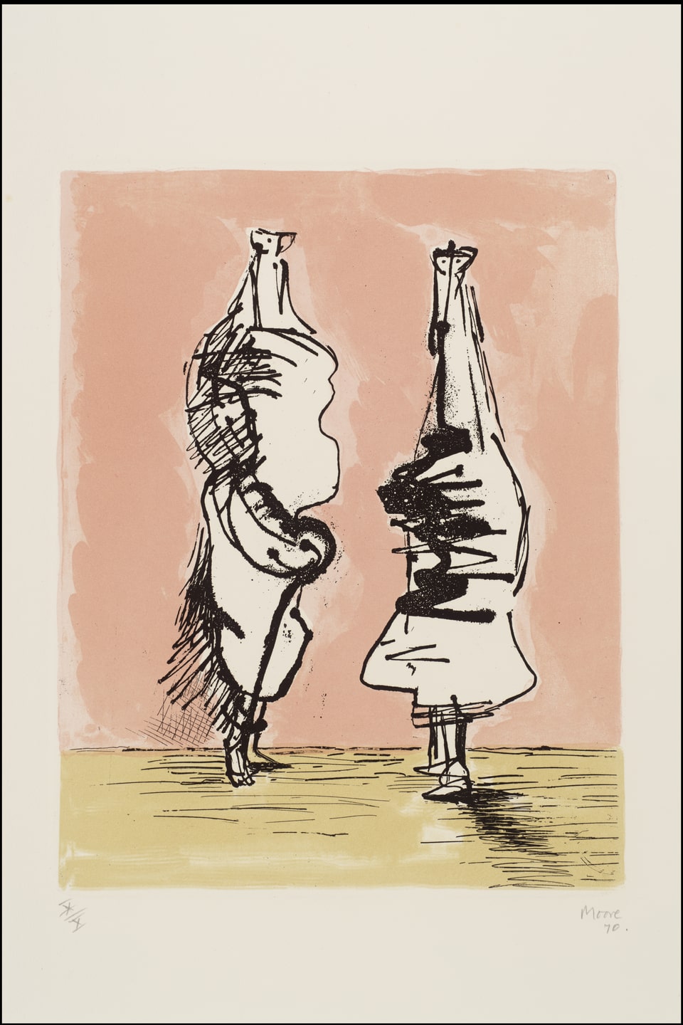 Zwei Figuren, die einen Kopfstand machen. Eine Zeichnung von Henry Moore. 