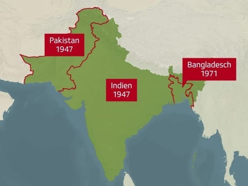 Karte von Südasien mit Grenzen von Indien, Pakistan und Bangladesch in den Jahren 1947 und 1971.