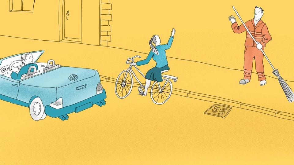 Eine Illustration eines Strassenfegers, der einer Radfahrerin zuwinkt.
