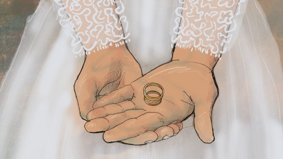 Illustration: Zwei Eheringe liegen in den Händen einer jungen Frau