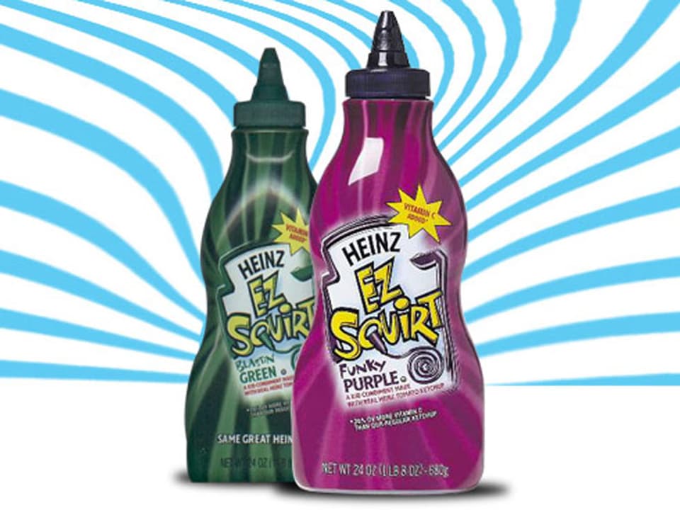 Grünes und lilafarbenes Ketchup von Heinz