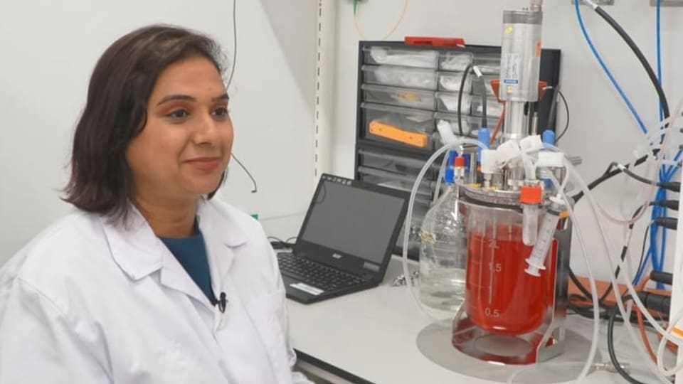 Shiok Meats macht kultiviertes Fleisch von Krustentieren Frau sitzt vor Laboranlage mit einem Glasbehälter.