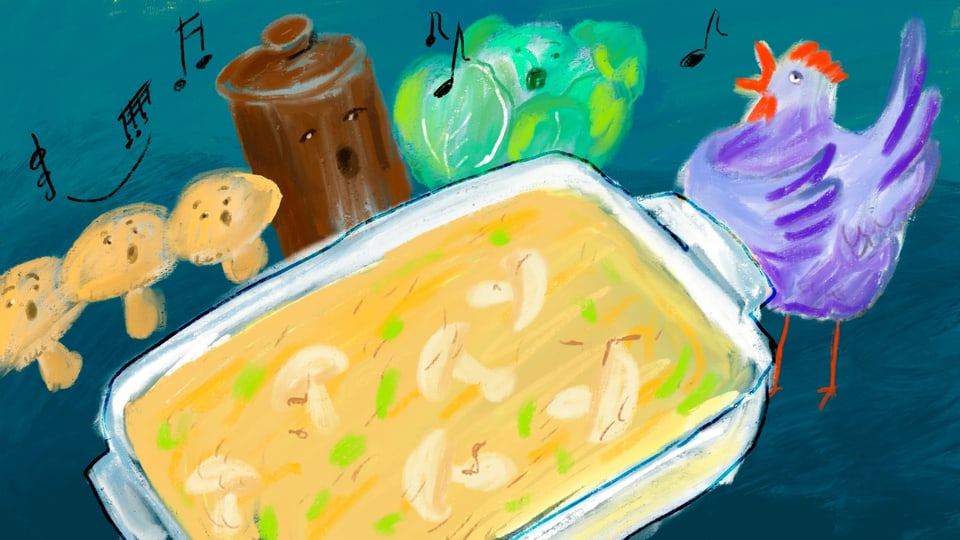 Zeichnung: Gratinform mit einem gelblichen Gericht. Dahinter Pilze, eine Pfeffermühle, Kohl und ein Huhn mit Gesichtern.