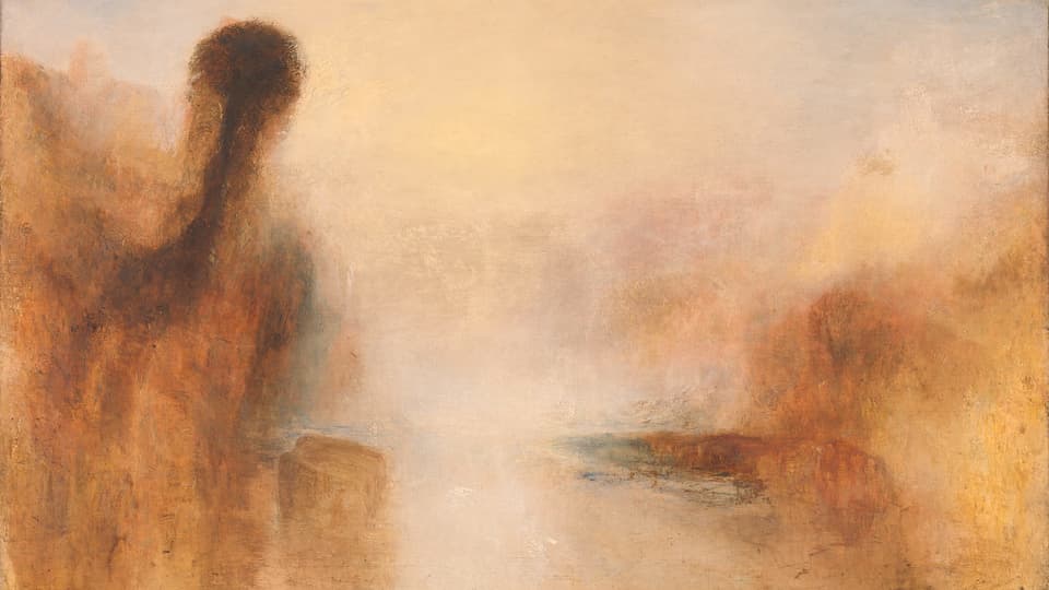 Ein Gemälde von William Turner. Es zeigt eine Landschaft und Wasser.