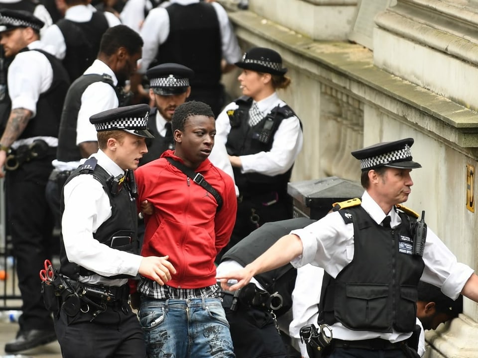 Polizisten und ein Festgenommener in London.