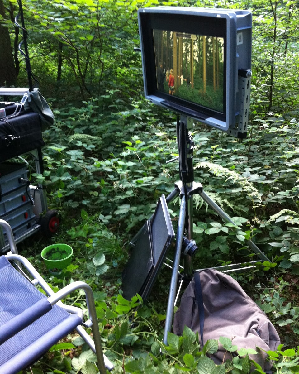 Ein Bildschirm steht in einem Wald.