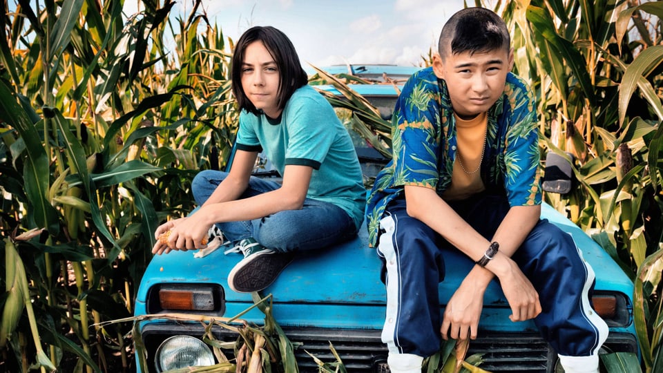 Zwei Jungen sitzen in lässigen Posen auf einem alten, blauen Auto. Es steht mitten in einem Maisfeld