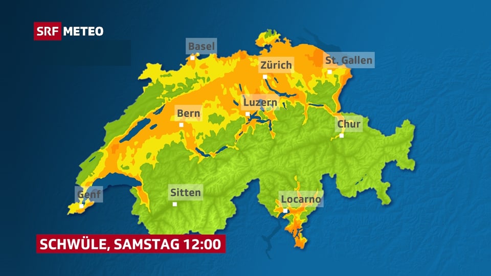 Karte der Schweiz: Gelb und orange eingefärbt sind die schwülen Regionen.