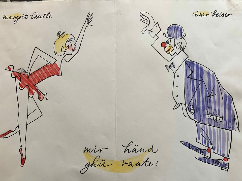 Comic-Zeichnung einer Tänzerin und eines Clowns. 