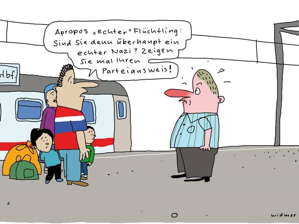 Karikatur einer Flüchtlingsfamilie, die die Echtheit eines Nazis anzweifelt.