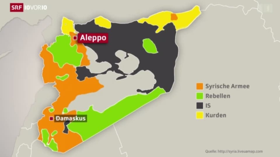 Karte Syriens mit jenen Gebieten, die von den entsprechenden Kriegsparteien kontrolliert werden.