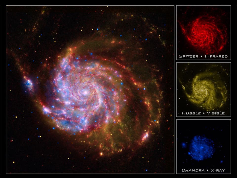 Kollage aus dem endgültigen Bild der Galaxie M101 und den einfarbigen Einzelbildern.