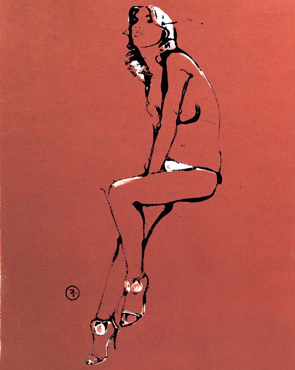 Gemälde: Frau vor rotem Hintergrund.