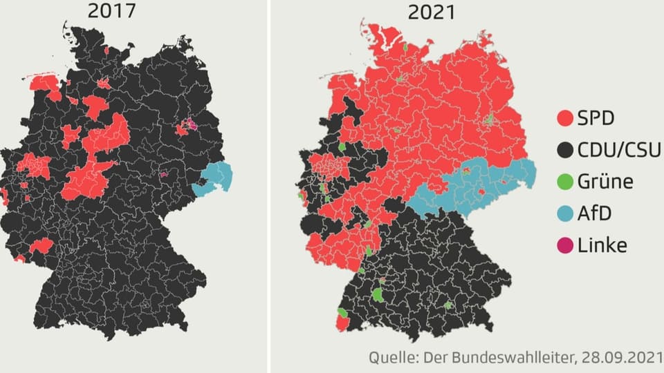 Deutschlandkarten mit den Ergebnissen der Bundestagswahlen 2017 und 2021