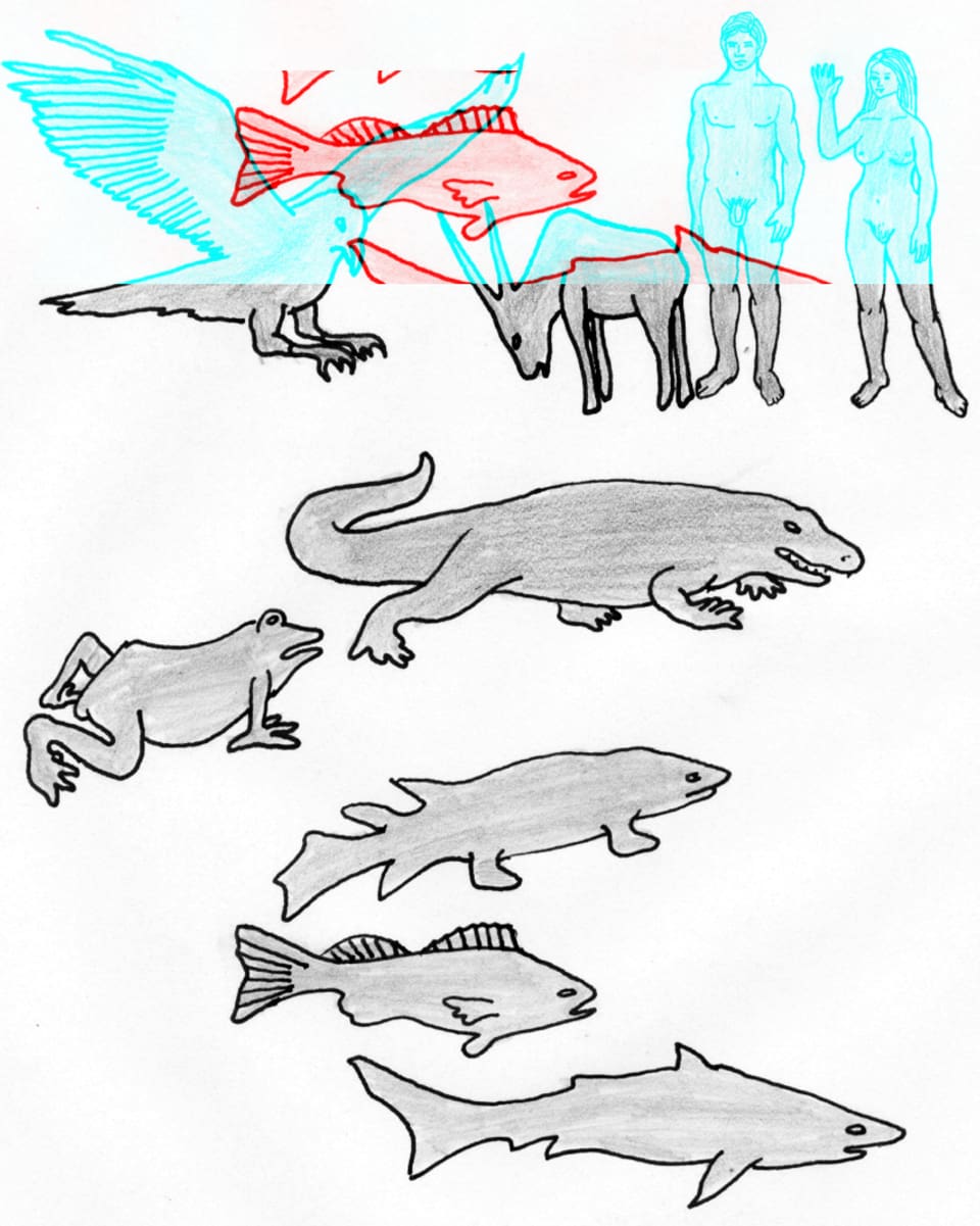Zeichnung, die darstellt, das aus Tieren Menschen wurden.