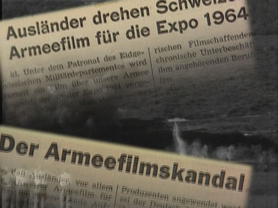 Zeitungsausschnitte mit den Überschriften "Der Armeefilmskandal" und "Ausländer drehen Schweizer Armeefilm für die Expo 1964".