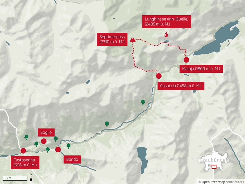 Karte der Bergtour von Maloja zum Septimerpass ins Bergell.