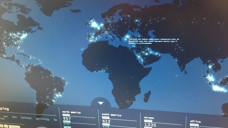 Bildschirm mit der Hompage von tweetping.net. Auf Tweetping lassen sich weltweit die versendeten Tweets «live» verfolgen.
