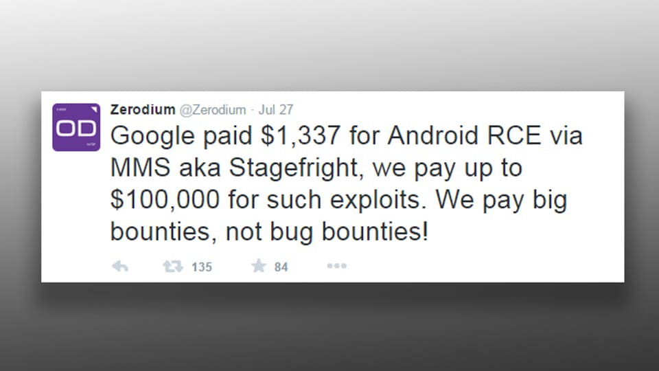 Tweet: Google paid $1'337 for Android RCE [...], we pay up to $100'000 [...].