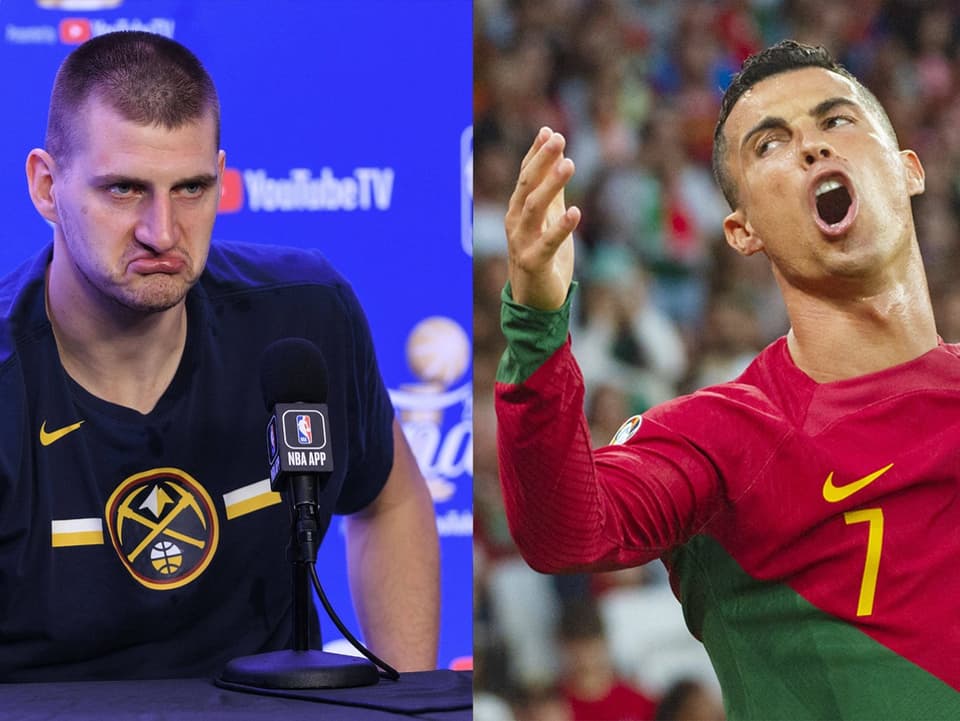 Unterschiedliche Gemütslagen Nikola Jokic und Cristiano Ronaldo.
