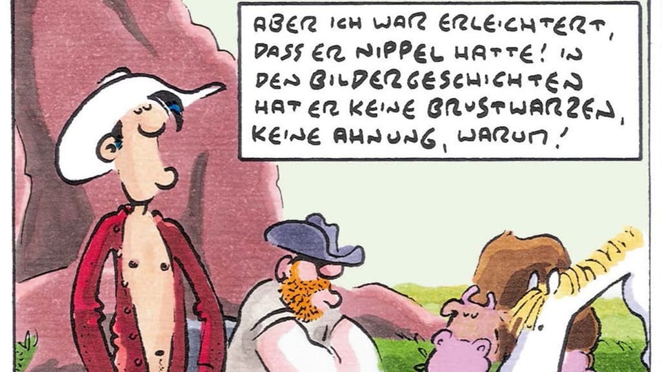 Eine Zeichnung von Lucky Luke mit offenem Hemd.