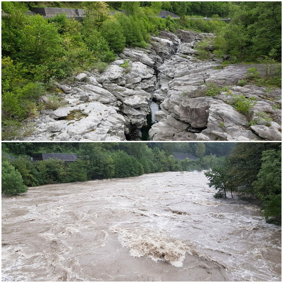 Oben Foto eines Flusses in Felsenschlucht mit wenige Wasser, unten mit extrem viel Wasser