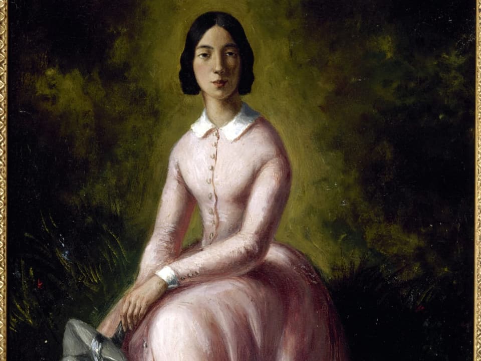 Altes Gemälde einer jungen Frau mit dunklen Haaren in rosa Kleid