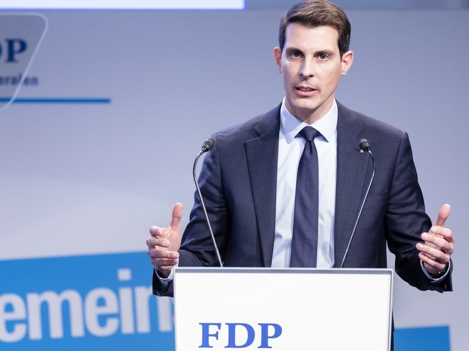 Mann mit braunen Haaren und dunklem Anzug auf einem Podium mit dem FDP-Logo. Er gestikuliert.