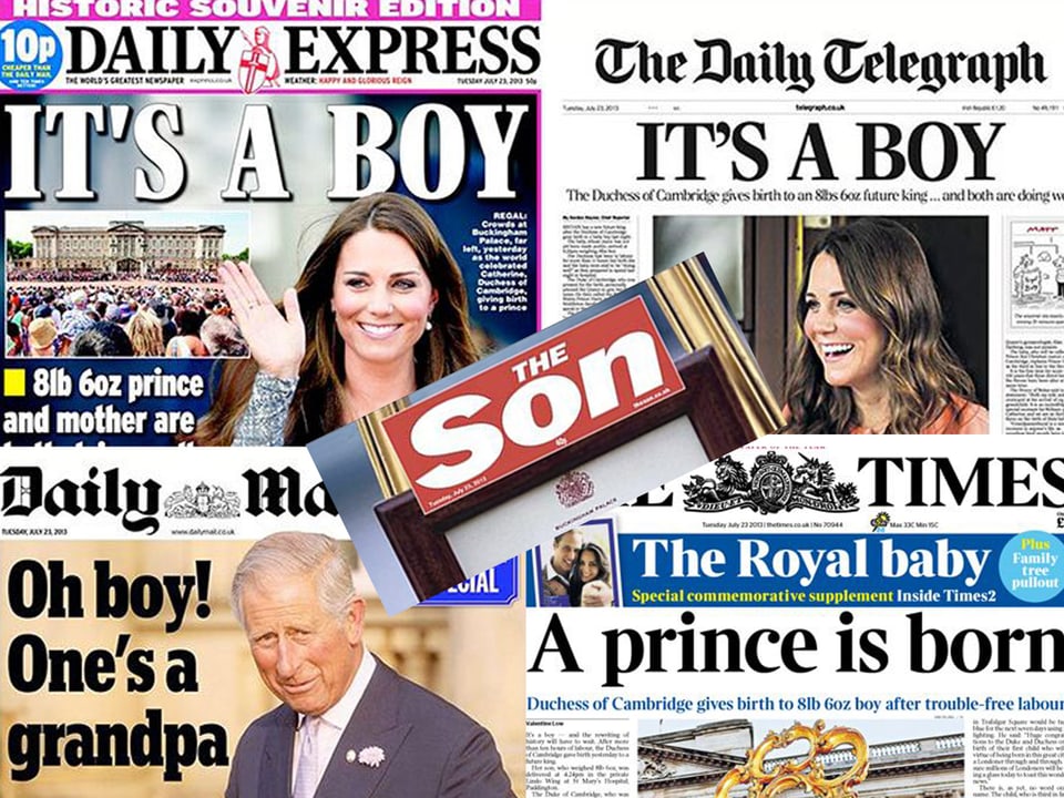 Zu sehen sind verschiedene Britische Tageszeitungen, die sich mit der Geburt des royalen Babies befassen.