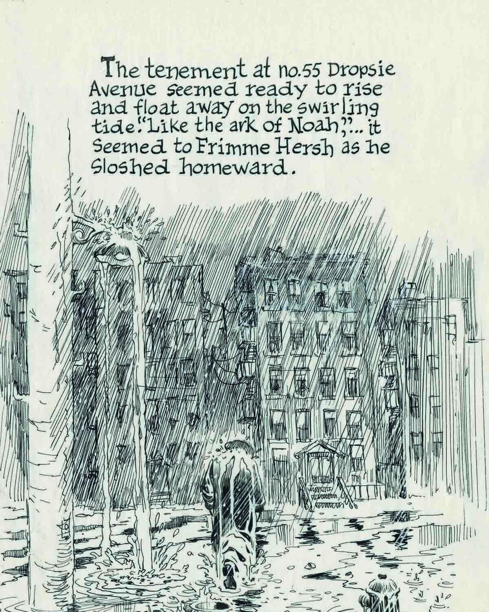 schwarzweiss-Zeichnung überflutete Strassen, ein Mann im Mantel mit Sprechblase, im Hintergrund Häuser