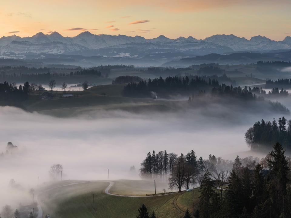 Blick zu den Berner Alpen mit Morgenrot. In den Tälern graue Nebelschwaden.