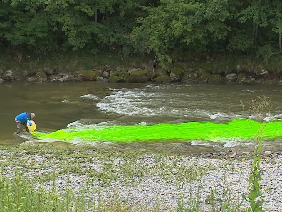 Mann kippt grüne Farbe in Fluss