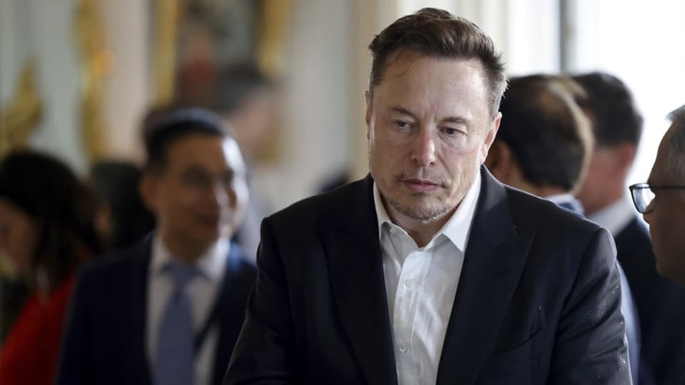 Elon Musk spricht bei einer Konferenz mit einem anderen Mann im Anzug, im Hintergrund weitere Personen
