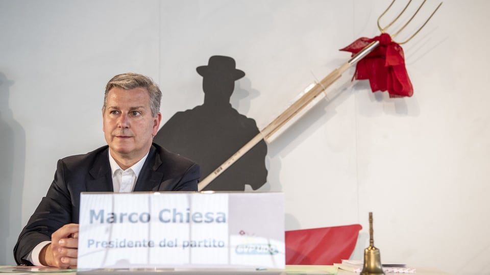 SVP-Präsident Marco Chiesa an einer Delegiertenversammlung Anfang 2023.