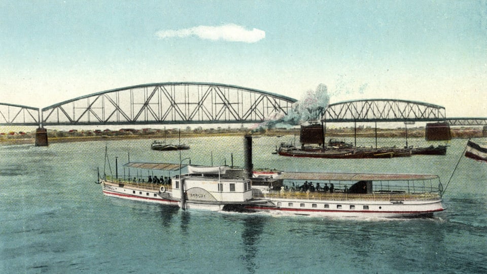 Eine illustrierte Postkarte: ein Dampfschiff auf dem Rhein.
