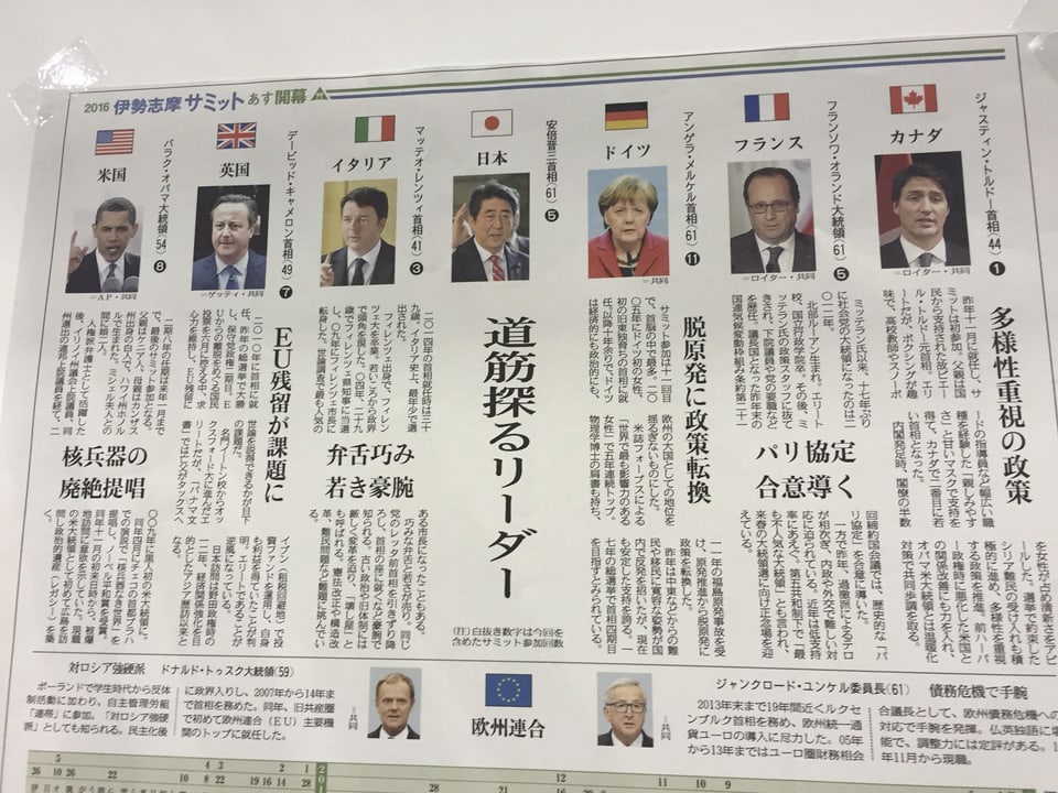 Blick in japanische Zeitung, Kurzporträts der G7-Teilnehmer wie Merkel, Obama und Cameron. 