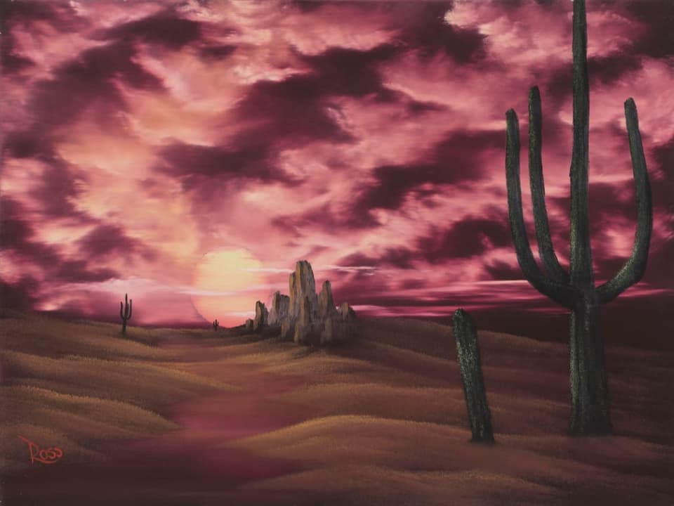 Gemälde: Kakteen in der Wüste vor Sonnenuntergang